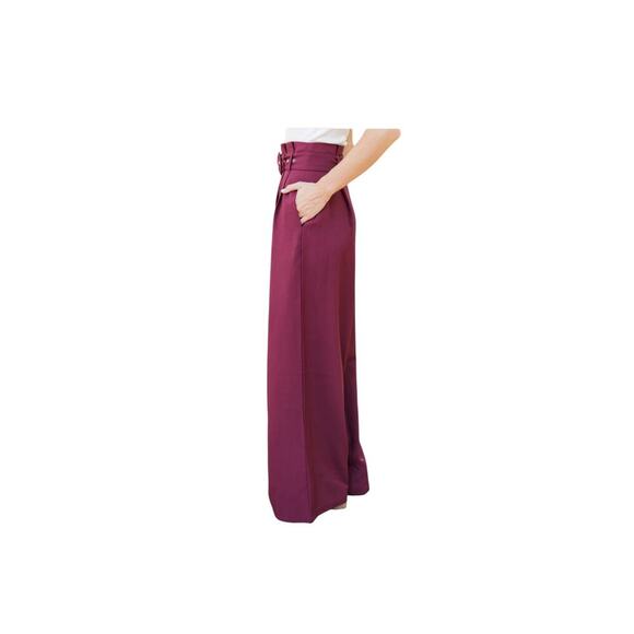 Shop the Mint Burgundy Red Wide Leg Trousers. Paper bag belted waist. Size-S - Picture 3 of 8